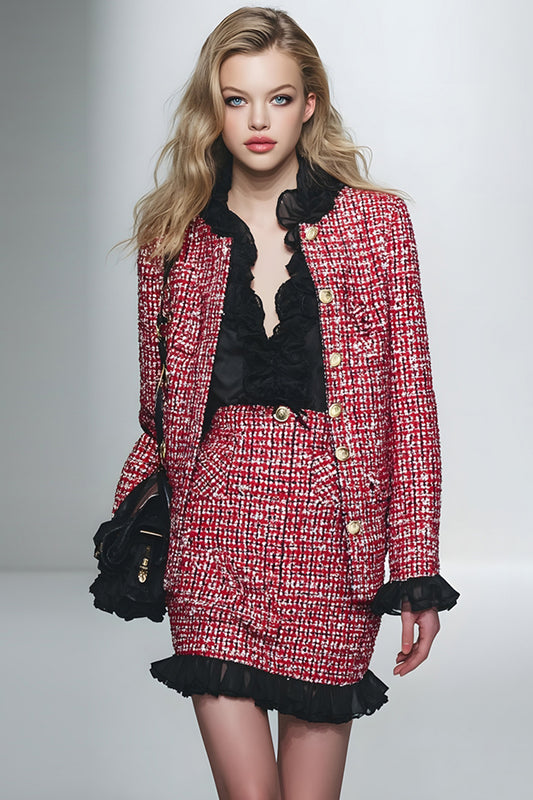 Red Black Grid 2 Piece Pencil Short Tweed Interview Outfits with Ruffles