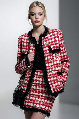 Red Grid Pencil 2 Piece Single Breasted Short Tweed Pageant Interview Outfits