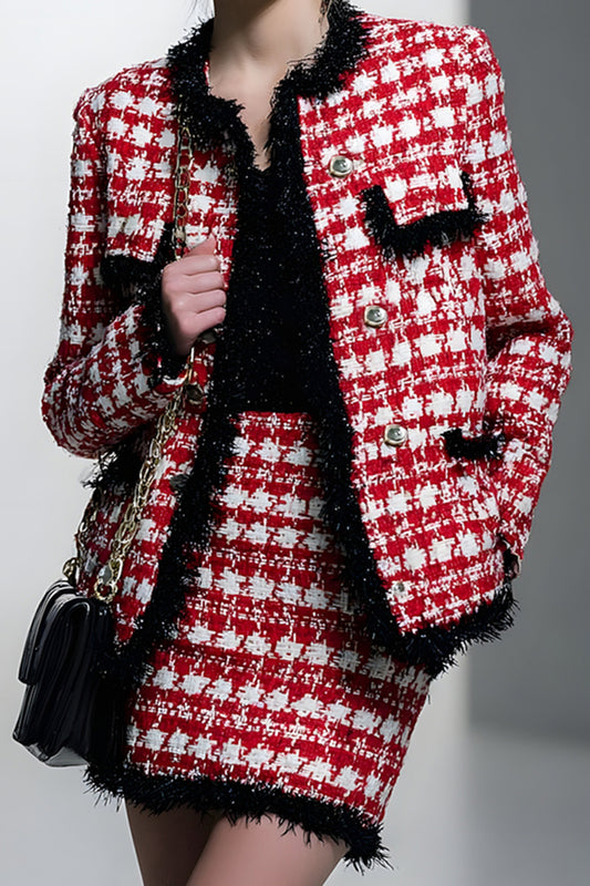 Red Grid Pencil 2 Piece Single Breasted Short Tweed Pageant Interview Outfits