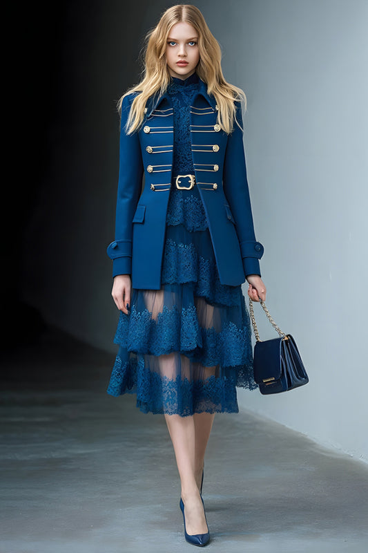 Dark Blue Long Sleeves Prom Blazer with Buttons