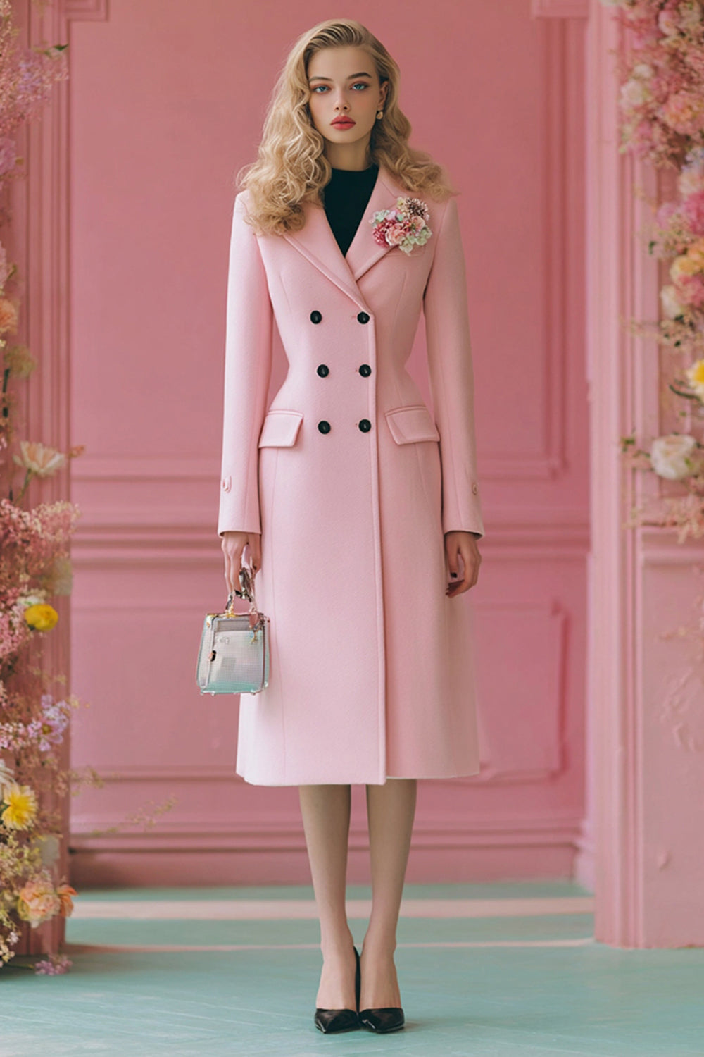 Zapakasa Women Pink A Line Midi Blazer Dress Long Sleeves Double Breasted Coat Dress with 3D Flower Zapakasa Women Pink A Line Midi Blazer Dress Long Sleeves Double Breasted Coat Dress with 3D Flower