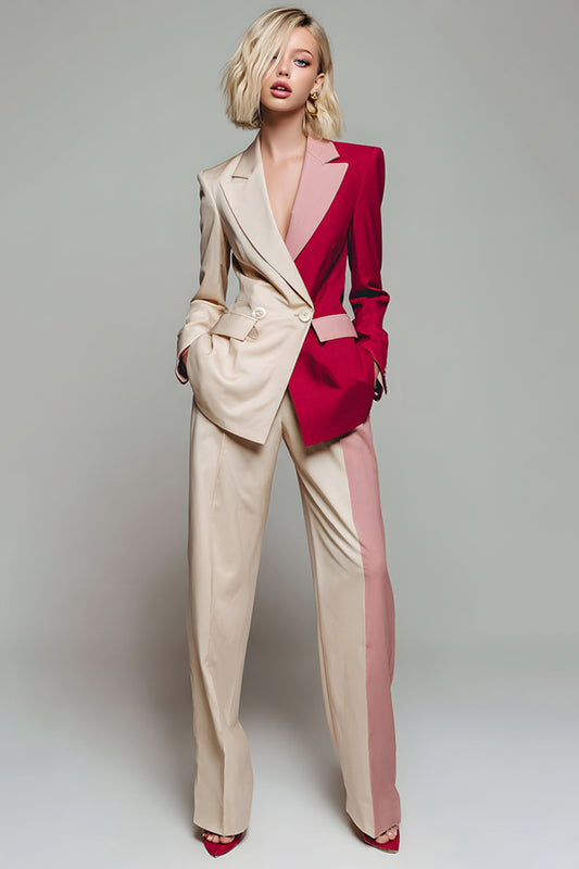 Light Khaki Patchwork 2 Piece Notched Lapel Business Suits with Pockets