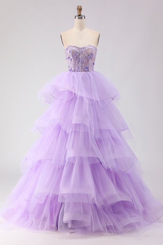 Sparkly Purple Tiered Beaded Floral Tulle Long Corset Prom Dress with Ruffles