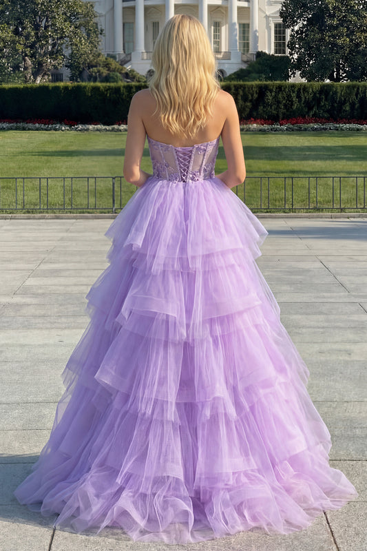 Sparkly Purple Tiered Beaded Floral Tulle Long Corset Prom Dress with Ruffles