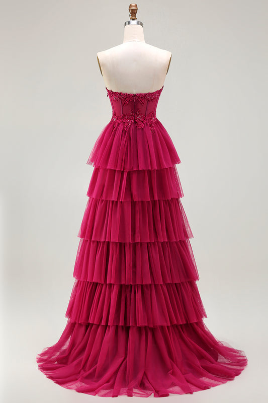 Sparkly Floral Fuchsia Tiered Beaded Long Corset Prom Dress with Slit