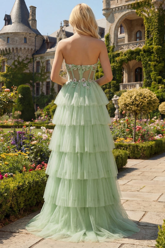 Sparkly Floral Green Beaded Long Corset Prom Dress with Ruffles
