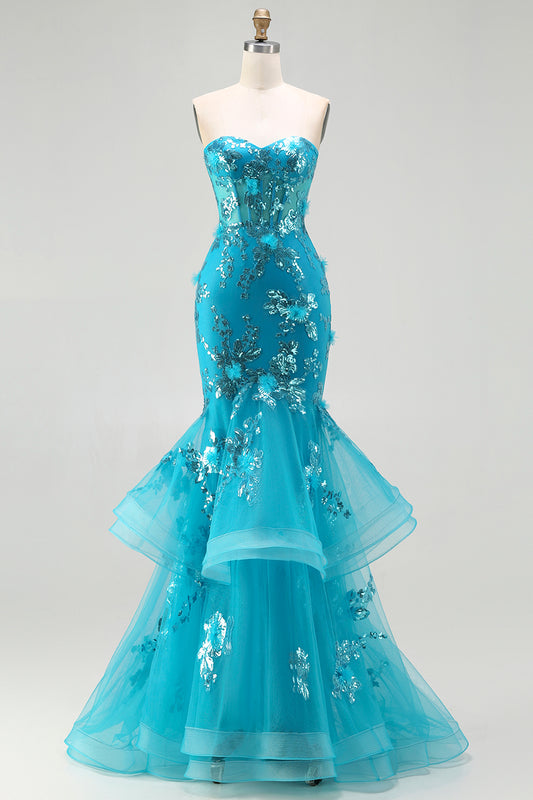 Sparkly Blue Sequin Mermaid Long Corset Prom Dress with Ruffles