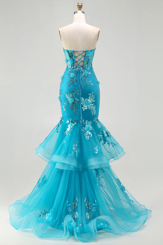 Sparkly Blue Sequin Mermaid Long Corset Prom Dress with Ruffles