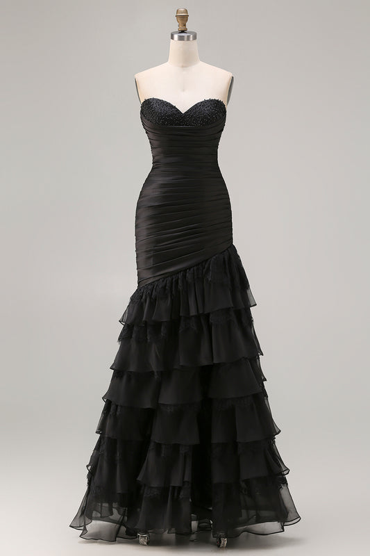 Black Mermaid Tiered Ruched Long Prom Dress with Beading