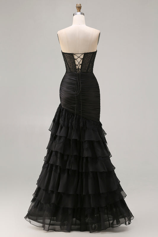 Black Mermaid Tiered Ruched Long Prom Dress with Beading