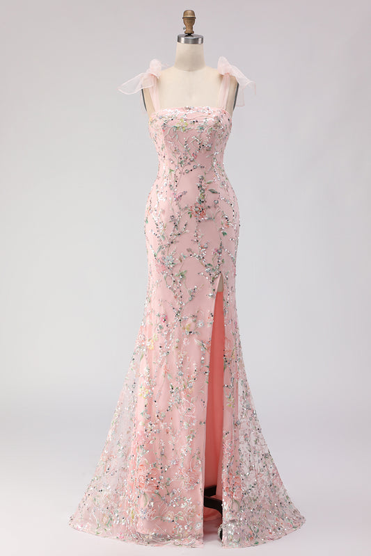 Sparkly Floral Blush Mermaid Sequins Long Prom Dress with Slit
