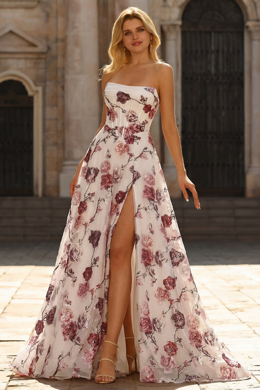 Sparkly White and Red Floral Strapless A Line Long Corset Prom Dress with Slit