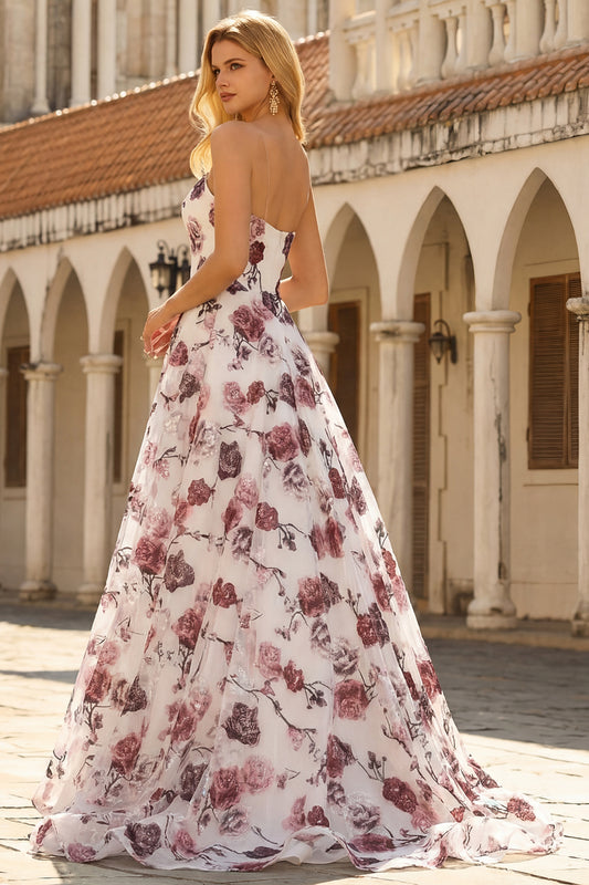Sparkly White and Red Floral Strapless A Line Long Corset Prom Dress with Slit