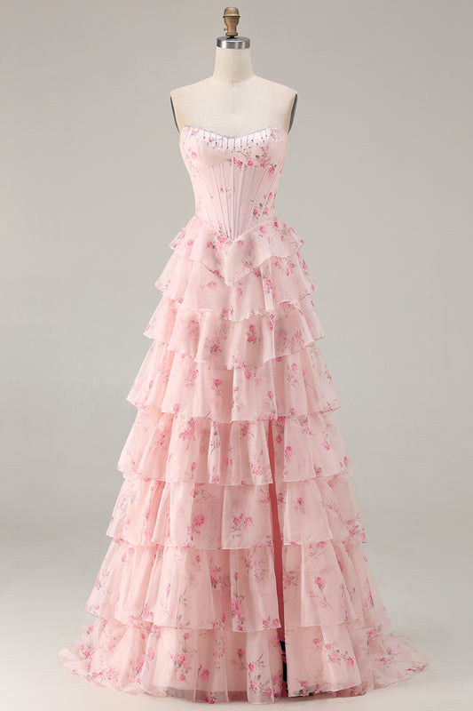Floral Pink and Red Sparkly Tiered Long Corset Prom Dress with Beading