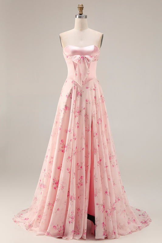Floral Pink and Red Sweetheart A Line Long Corset Prom Dress with Bow