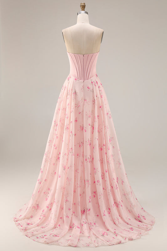 Floral Pink and Red Sweetheart A Line Long Corset Prom Dress with Bow
