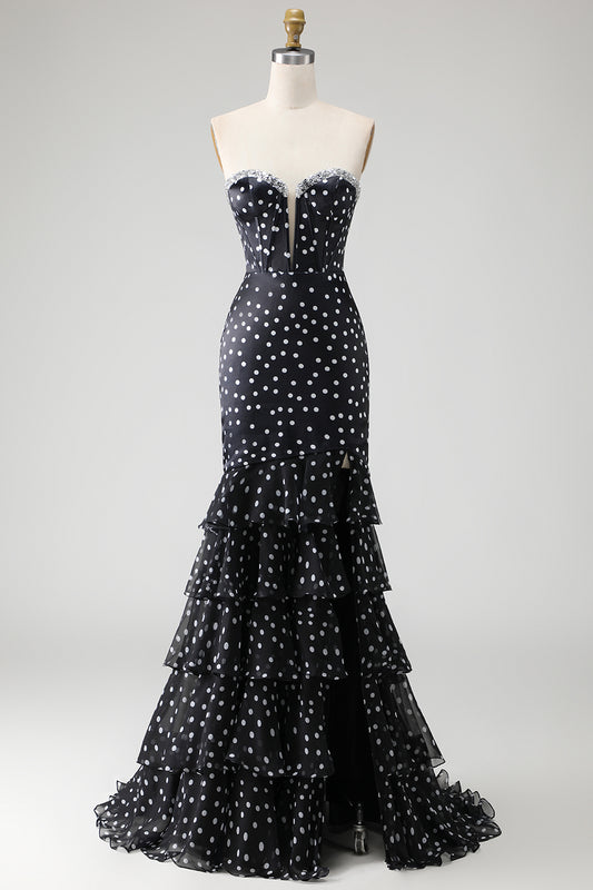 Black and White Ploka Dots Mermaid Corset Long Prom Dress with Ruffles