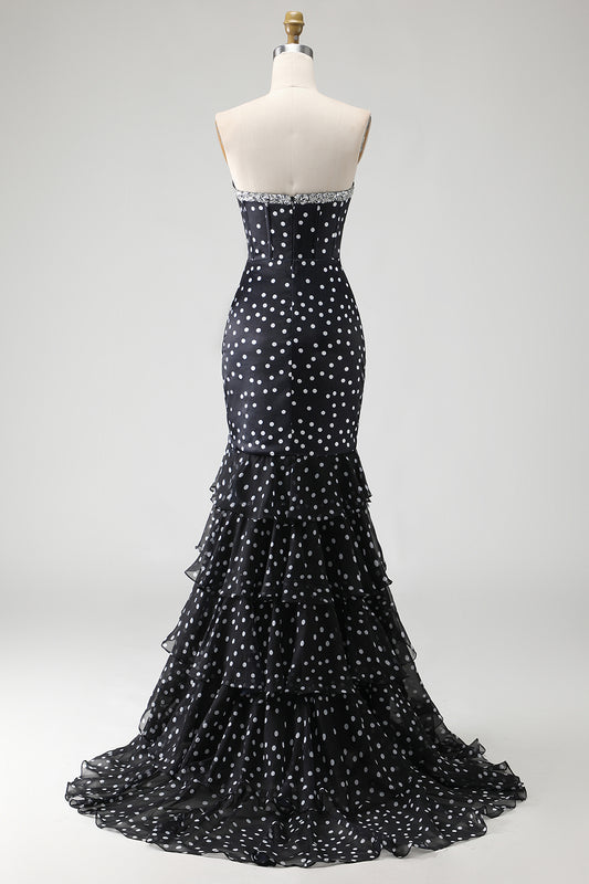 Black and White Ploka Dots Mermaid Corset Long Prom Dress with Ruffles