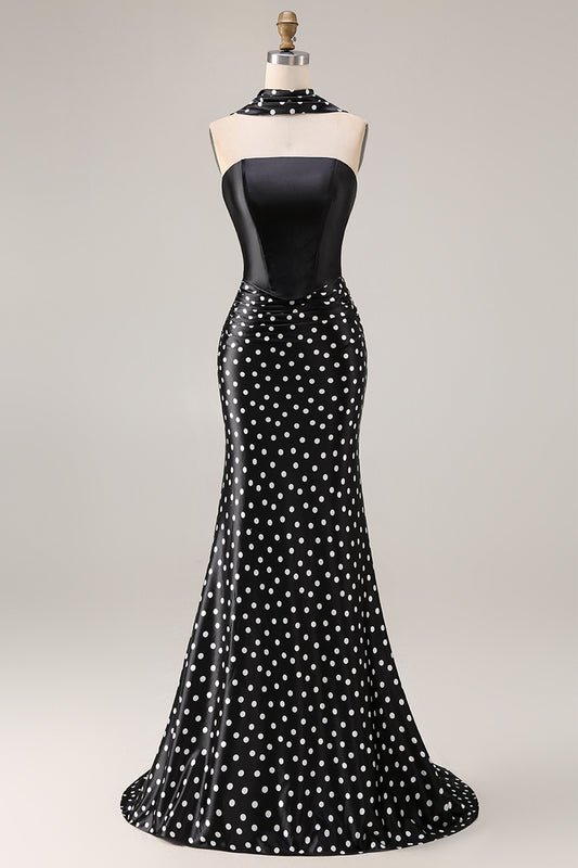 Black and White Satin Mermaid Polka Dots Neck Scarf Long Prom Dress