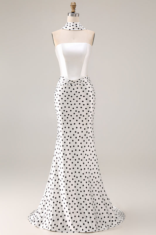 Black and White Neck Scarf Polka Dots Long Mermaid Prom Dress