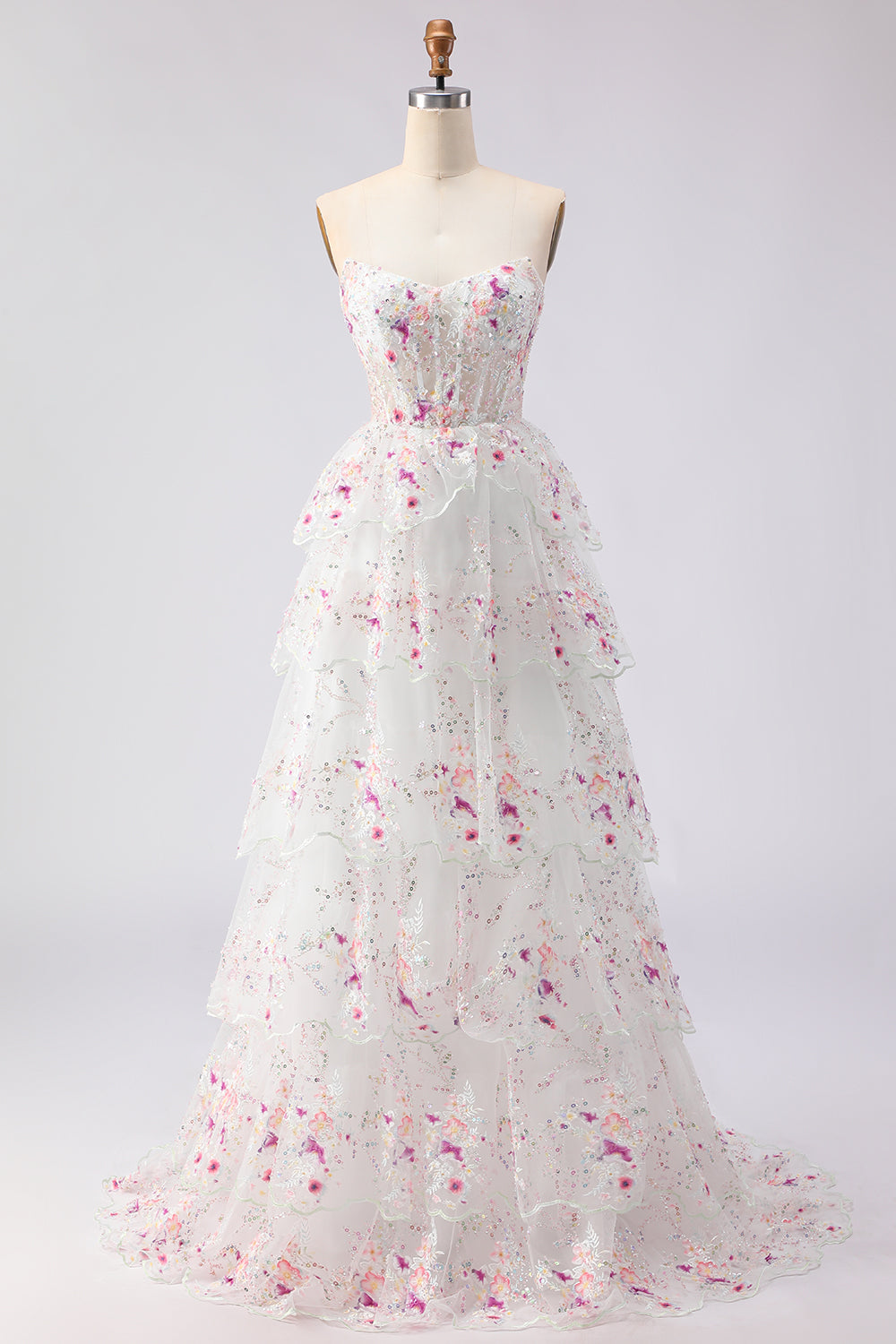 Zapakasa Women Sparkly Floral White and Pink Ruffled Long Prom Dress with  Sequins Lace A Line Tiered Strapless Lace Up Back Pageant Dress