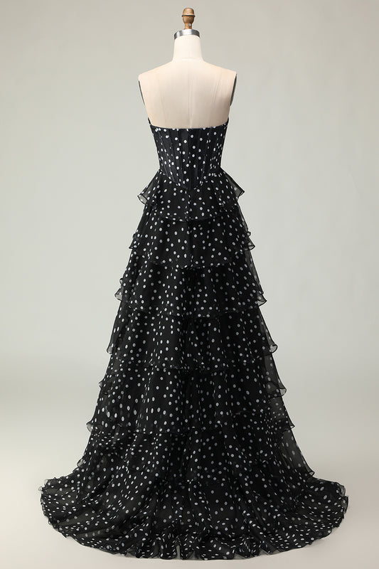 Sparkly Black and White Polka Dots Ruffled Corset Long Prom Dress