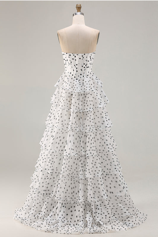 Sparkly Black and White Polka Dots A Line Ruffled Long Corset Prom Dress