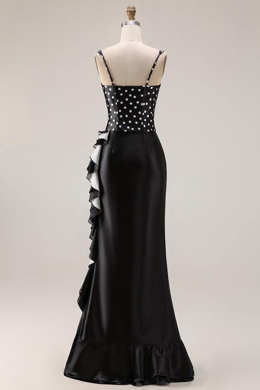 Black and White Polka Dots Corset Mermaid Asymmetrical Prom Dress with Ruffles