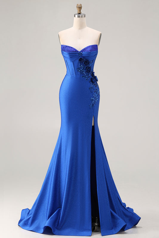 Sparkly Royal Blue Mermaid Beaded Long Corset Prom Dress with Appliques