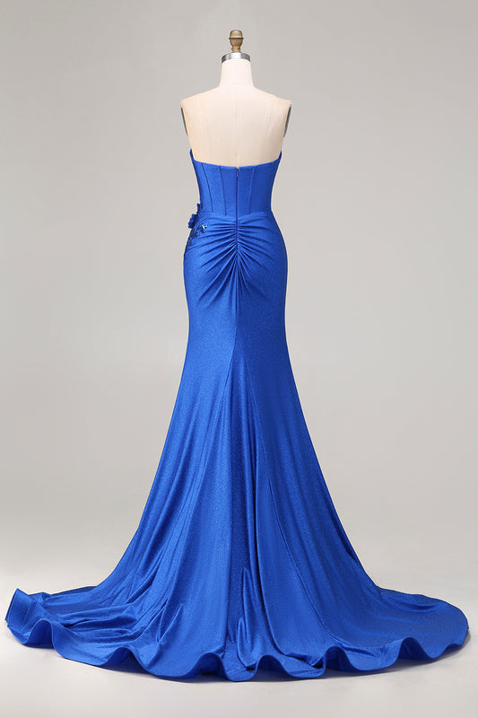 Sparkly Royal Blue Mermaid Beaded Long Corset Prom Dress with Appliques