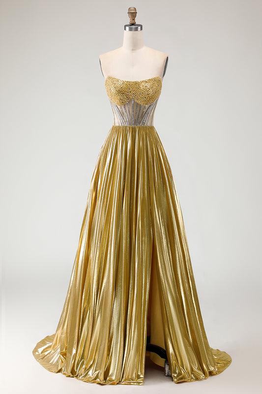 Sparkly Golden Metallic Beaded A Line Long Corset Prom Dress with Slit