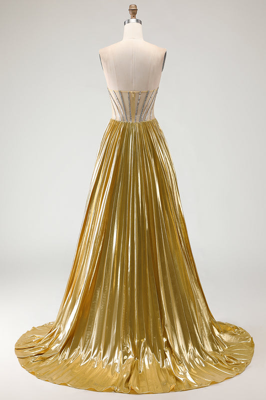 Sparkly Golden Metallic Beaded A Line Long Corset Prom Dress with Slit