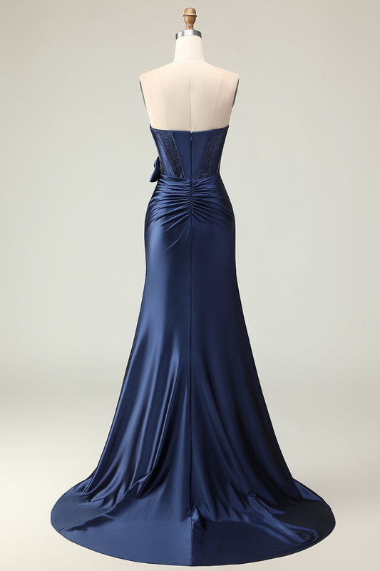 Navy Strapless Mermaid Corset Long Prom Dress with Slit