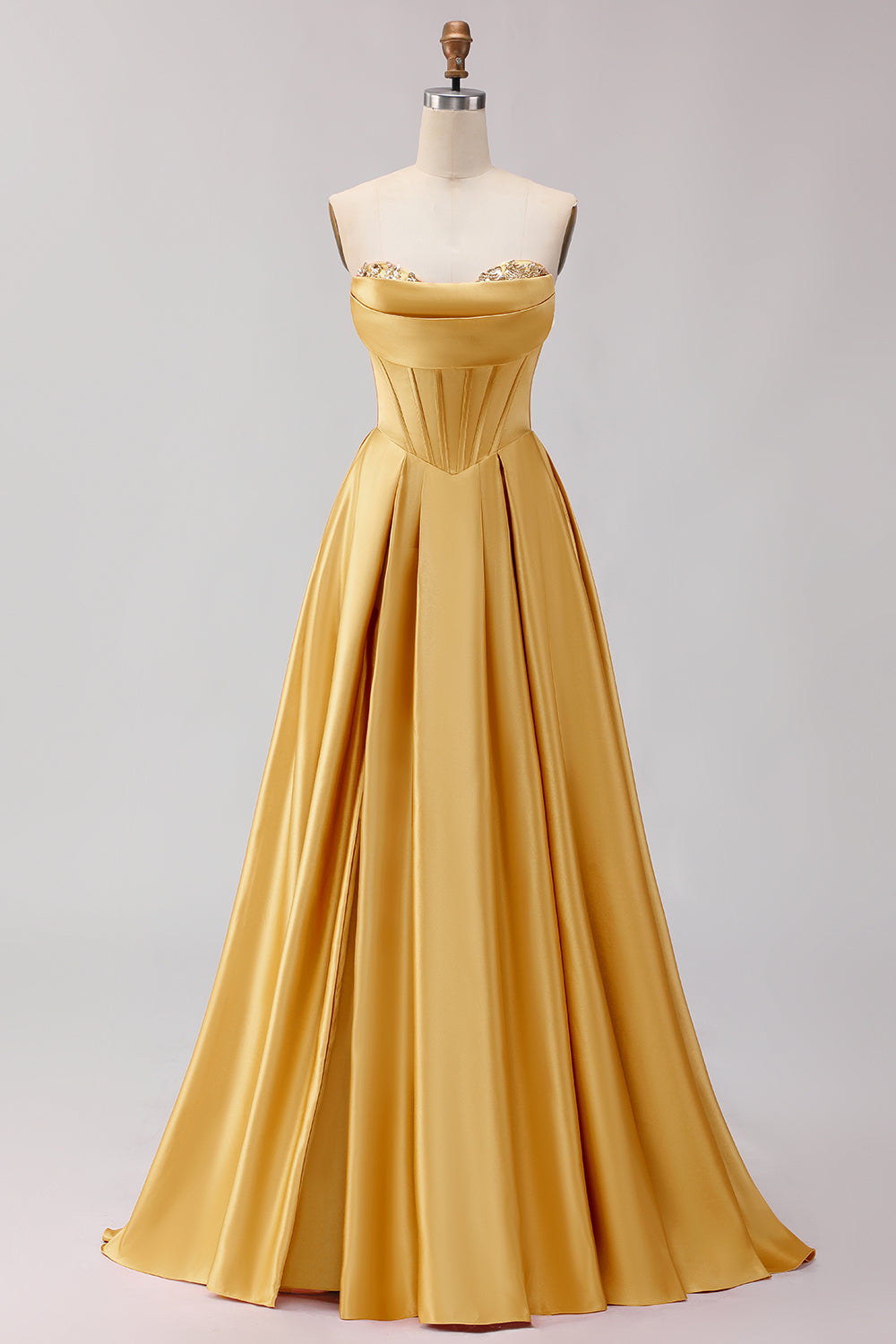 Zapakasa Women Golden Sweetheart Long Corset Prom Dress with Slit A Line Satin Formal Dress with Sequins Zapakasa Women Golden Sweetheart Long Corset Prom Dress with Slit A Line Satin Formal Dress with Sequins