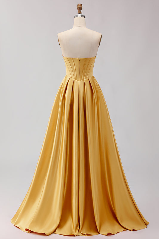 Golden A Line Sweetheart Long Corset Prom Dress with Slit