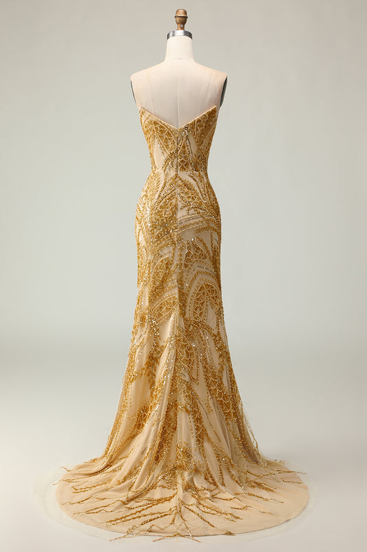 Sparkly Golden Beaded Strapless Mermaid Long Prom Dress with Slit