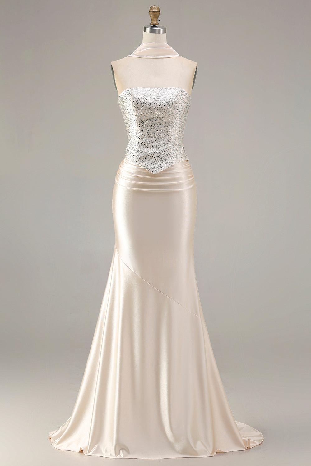 Zapakasa Women Sparkly Champagne Mermaid Long Prom Dress with Beading Neck Scarf Strapless Lace Up Back Satin Formal Dress Zapakasa Women Sparkly Champagne Mermaid Long Prom Dress with Beading Neck Scarf Strapless Lace Up Back Satin Formal Dress