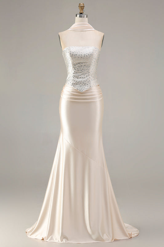 Sparkly Champagne Mermaid Neck Scarf Long Prom Dress with Beading