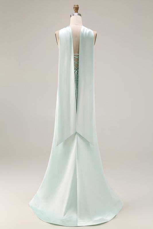 Light Green Mermaid Neck Scarf Long Corset Prom Dress with Slit