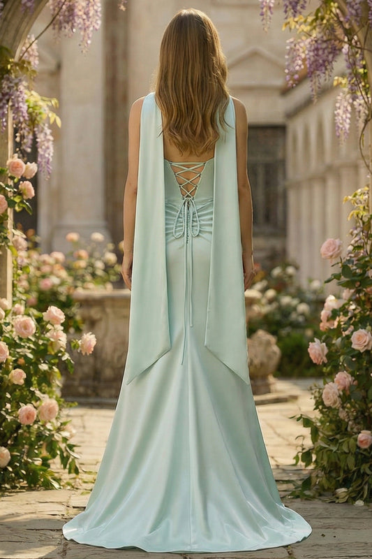 Light Green Neck Scarf Mermaid Long Corset Prom Dress with Slit