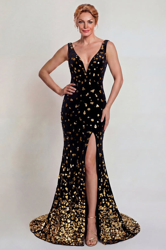 Sparkly Black and Gold Sequin Mermaid Long Mother of the Bride Dress with Slit