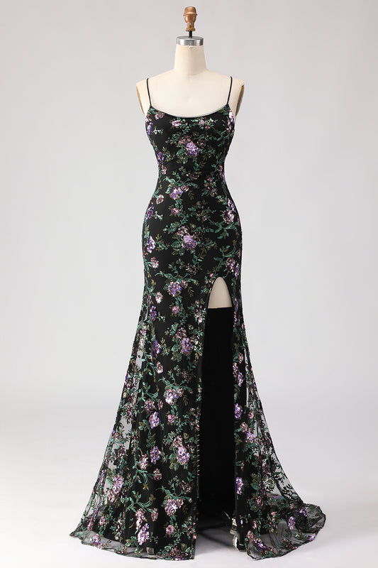 Sparkly Floral Black and Purple Sequin Mermaid Long Prom Dress with Slit