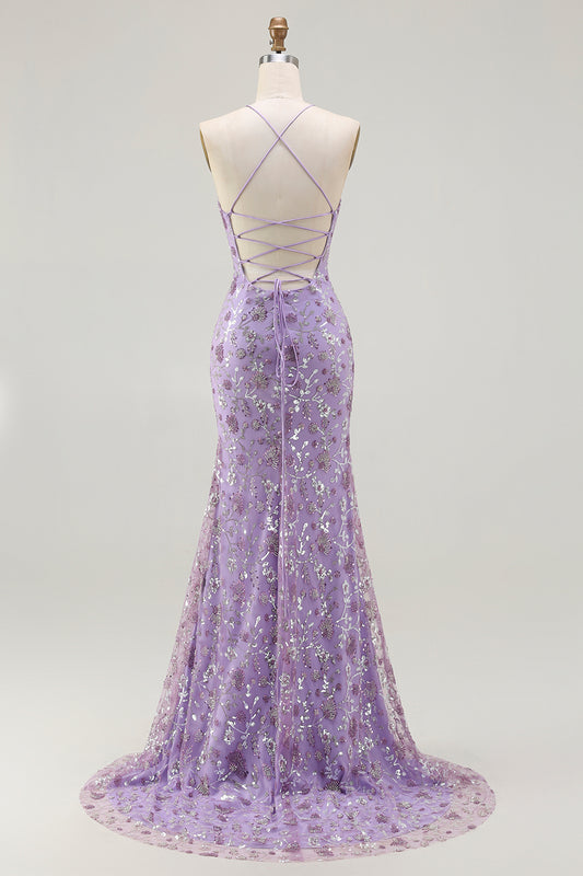 Sparkly Floral Purple Mermaid Spaghetti Straps Long Prom Dress with Slit