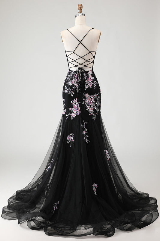 Sparkly Black and Pink Floral Mermaid Beaded Long Corset Prom Dress