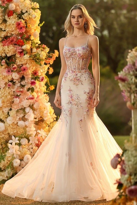 Sparkly Floral White Pink Mermaid Tulle Long Corset Prom Dress with Beading