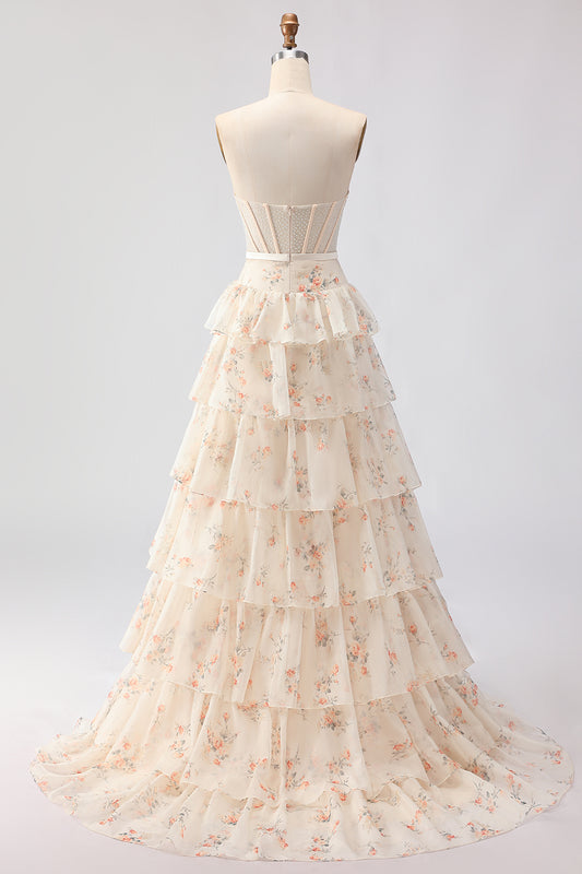 Floral Champange and Orange Ruffled A Line Long Corset Prom Dress with Bow