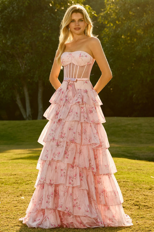 Floral Pink and Red Sweetheart Long Corset Prom Dress with Ruffles