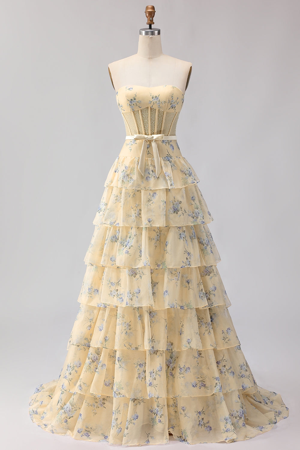 Zapakasa Women Yellow and Blue Tiered Long Corset Prom Dress with Bow A Line Chiffon Floral Sweetheart Ruffled Backless Pageant Dress