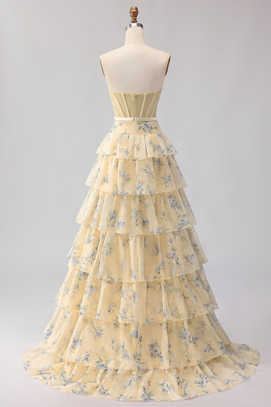 Floral Yellow and Blue Ruffled Sweetheart Long Corset Prom Dress