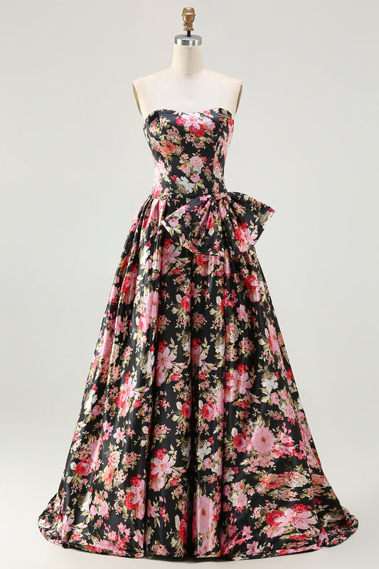 Black and Pink Floral Strapless Corset Long Prom Dress with Bow